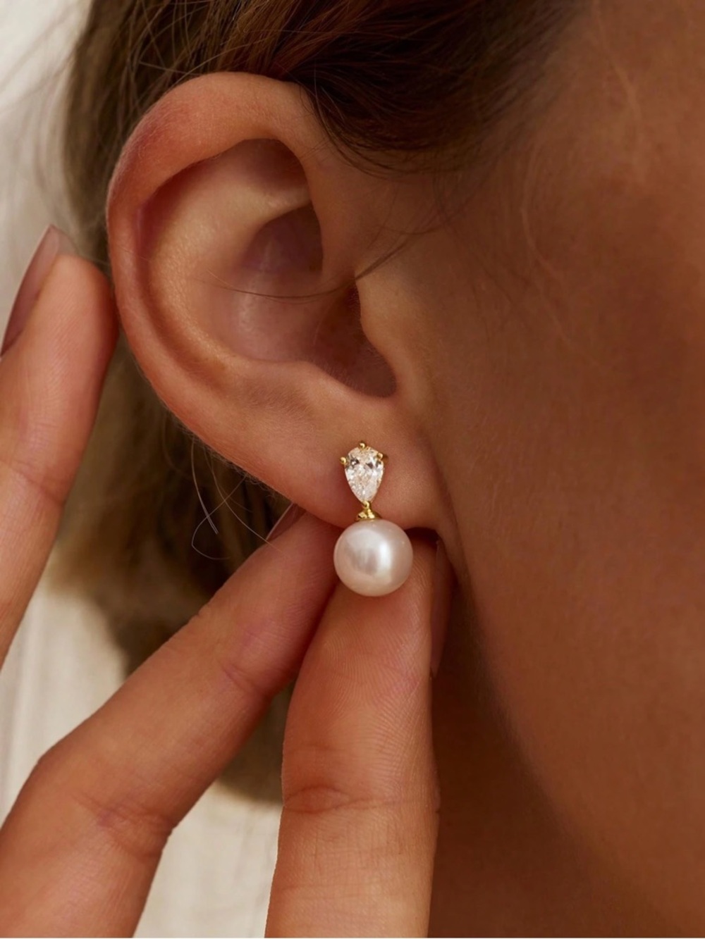 Gold Pearl Drop Earrings with Teardrop Crystal